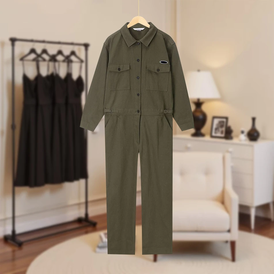 

Простой повседневный однотонный комбинезон с откидным воротником JJ3292, брюки с высокой талией, 100% хлопок, удобный женский комбинезон