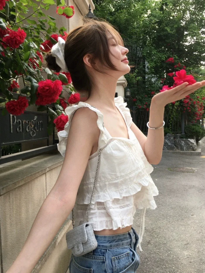

Sweet Fairy Sle Korean Fly Sve Ruffle Hem Belted ort Cotton Crop Top Women's Summer Faion Commute Fit Vest