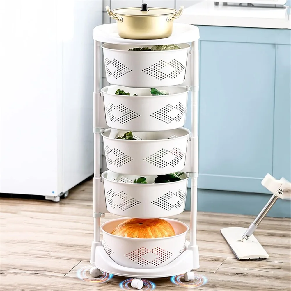 5-Tier Rotating Fruit&Vegetable Storage Rack for Kitchen Modern Kitchen Trays with Wheels for Grocery Organizer