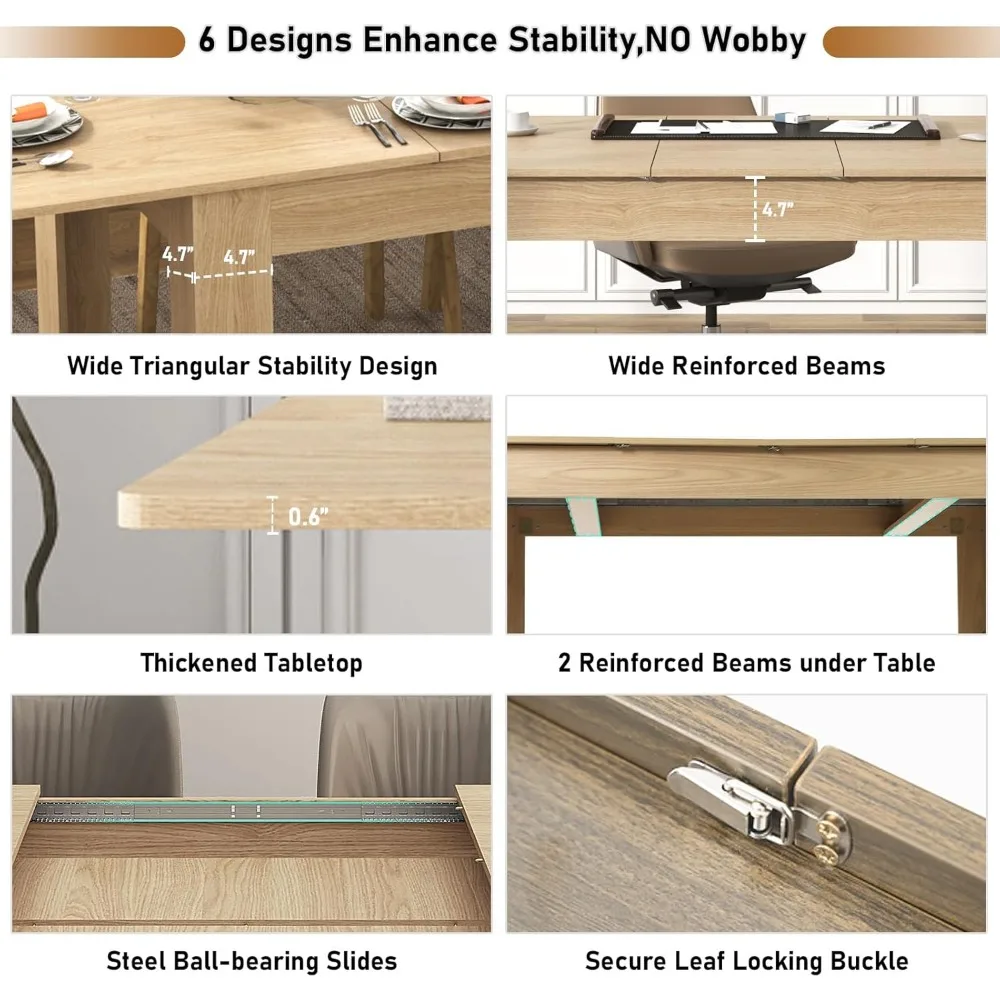 مقاعد طاولة طعام خشبية قابلة للتوسيع 6-10، تصميم حديث للتجمعات العائلية والاجتماعات