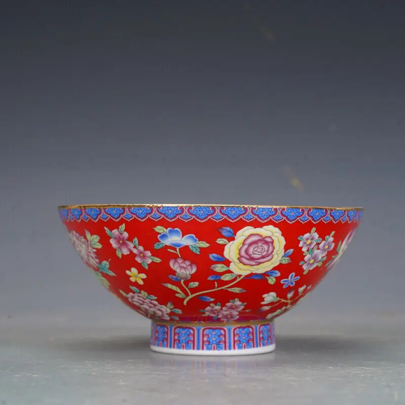 Chinese Red Enamel Porcelain Hand Painted Flowers Bowl 5.12 inch modern exquisite handicraft