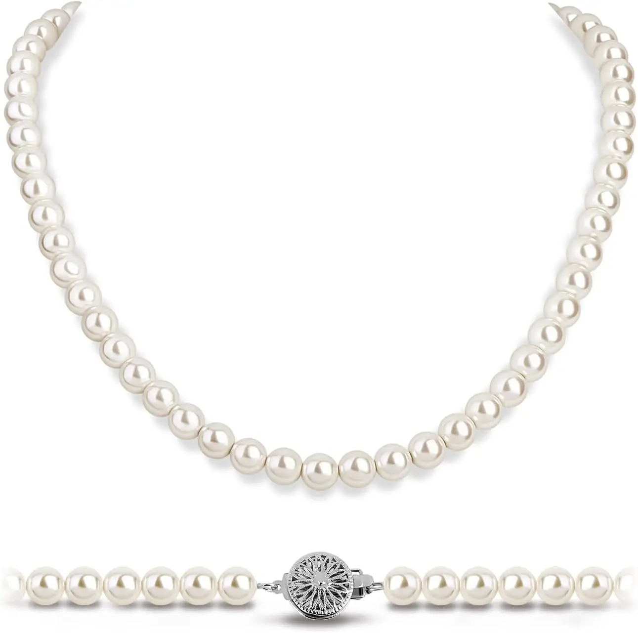

Elegant White Pearl Necklace for Women: 8mm/10mm Ivory Chain with Silver Clasp – Stylish Bridal Accessory