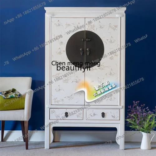 

New Chinese solid wood hand-painted gold-painted butterfly wardrobe painted large wardrobe black locker