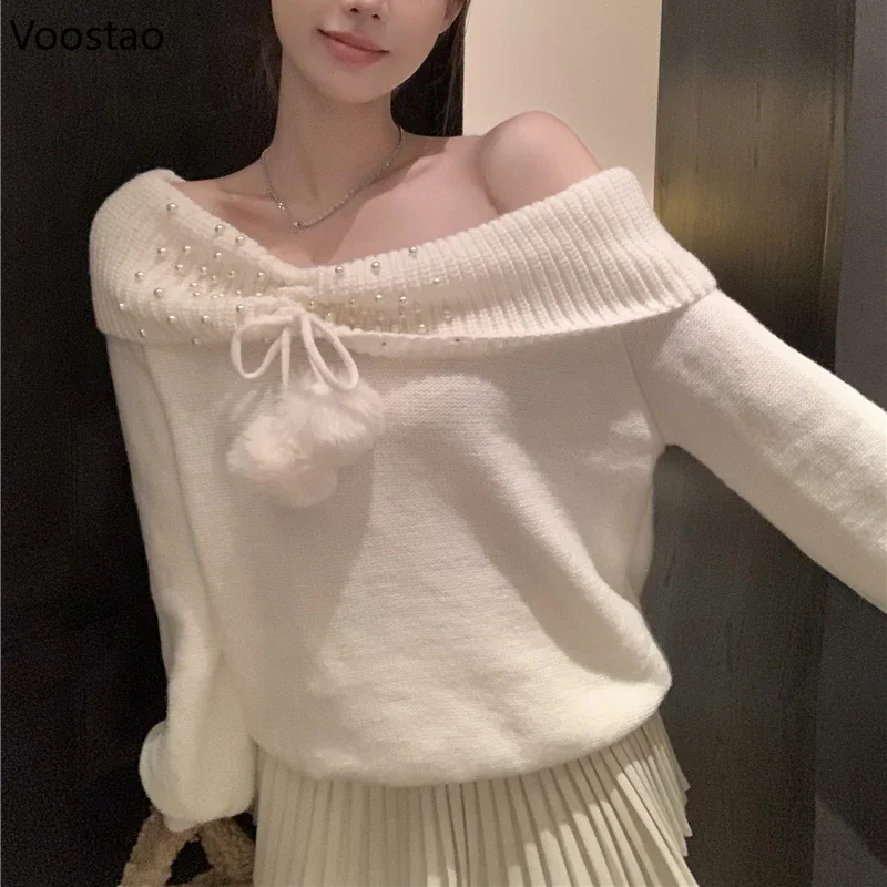 Autumn Winter Harajuku Knitted Sweaters Off Shoulder Long Sleeves Pearls Plush Ball Sexy Pullovers Female Fashion Knitwear Tops