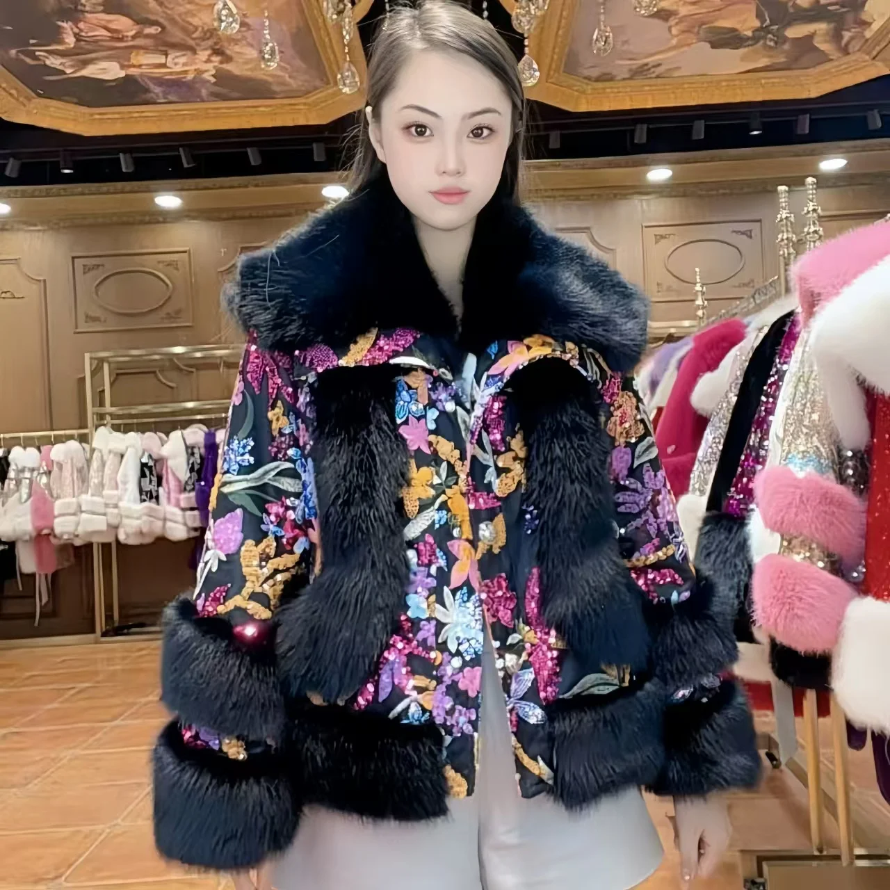 Faux Fur Coats for Women,Single Breasted Jacket,Turn-down Collar Female Clothes,Thicken Warm,High Quality,Sequins,New, Winter