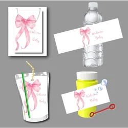 Pink Bow Water Bottle Juice Pouch Labels Bubble Sticker Happy Birthday Tag Girls Easter Party Wedding Baby Shower Decor Supplier