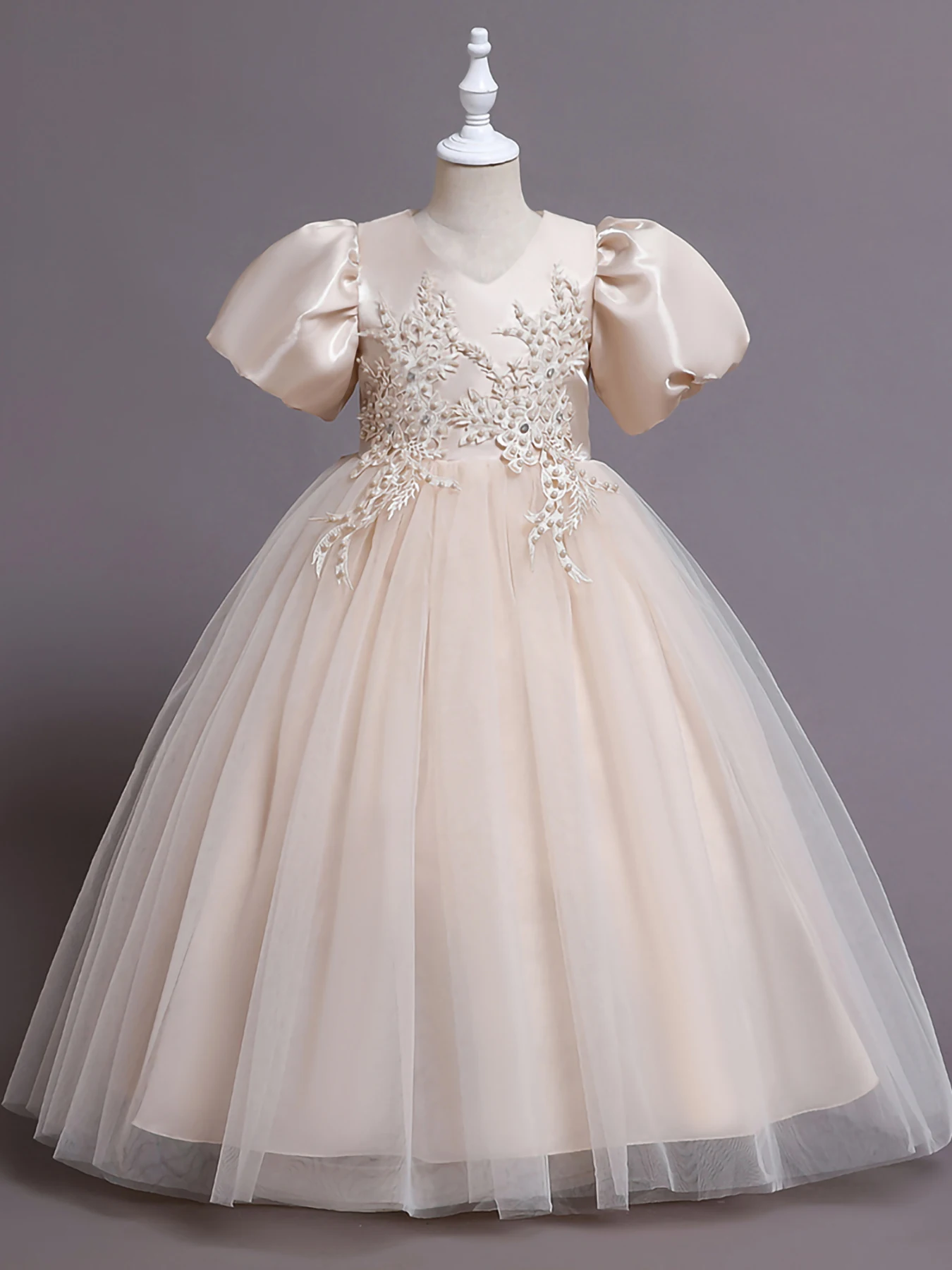 

Champagne Long V-Neck Beaded Bubble Sleeve Floral Mesh Dress Holiday Party Piano Performance Dress For Girls Ages 3-12