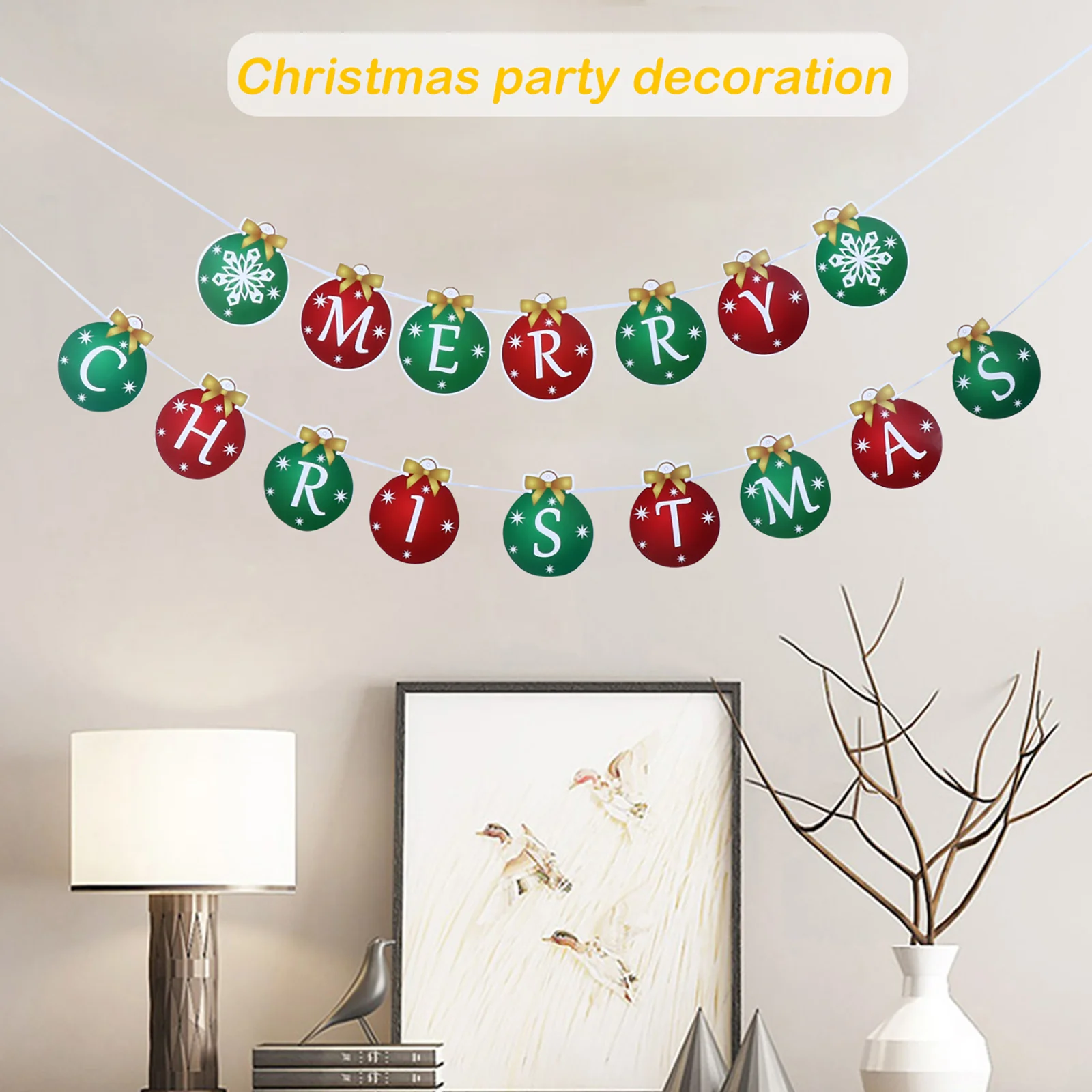 

2pcs Christmas Decorative Banners Colorful Hanging Garland Party Supplies Photo Props Easy Assembly Red Thread For Christmas