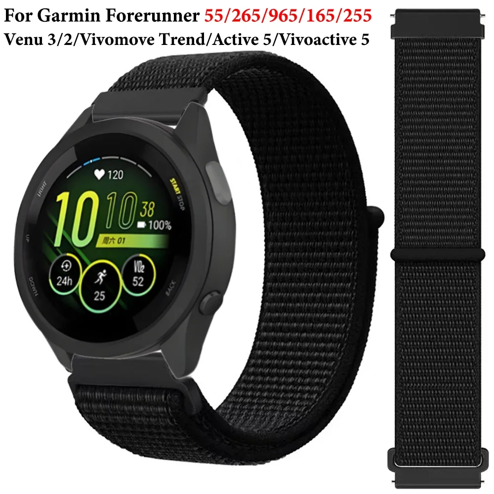 20mm 22mm Nylon Loop Strap For Garmin Forerunner 55 165 265 965 255 Active 5/Vivomove Trend/Vivoactive 5/Venu 3/2 Bracelet Belt