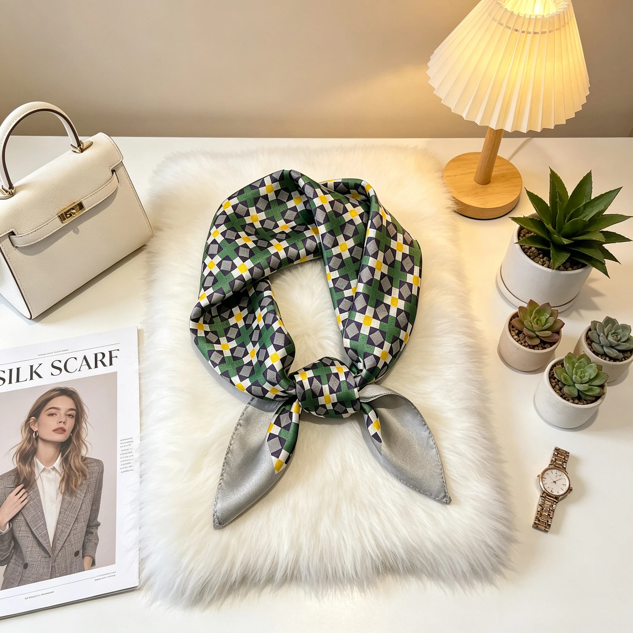 

Simple Korean Fresh Pixel Grid Light and Thin Silk Silk Scarf 53 Small Square Scarf Neck Protection Scarf Versatile Business