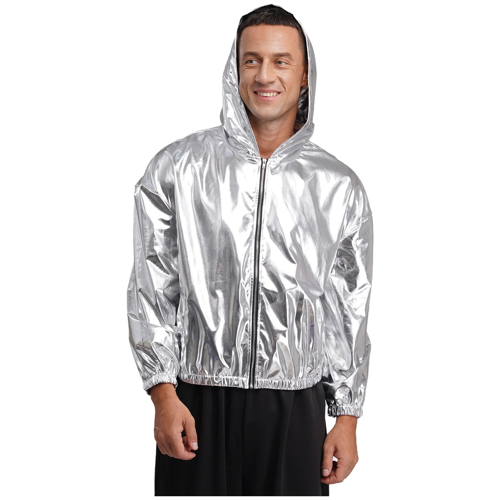 

Men Daily Casual Hooded Jacket Coats Long Sleeve Thin Sparkly Metallic Shiny Short Jacket Outwear Fashion Coat Club Wear