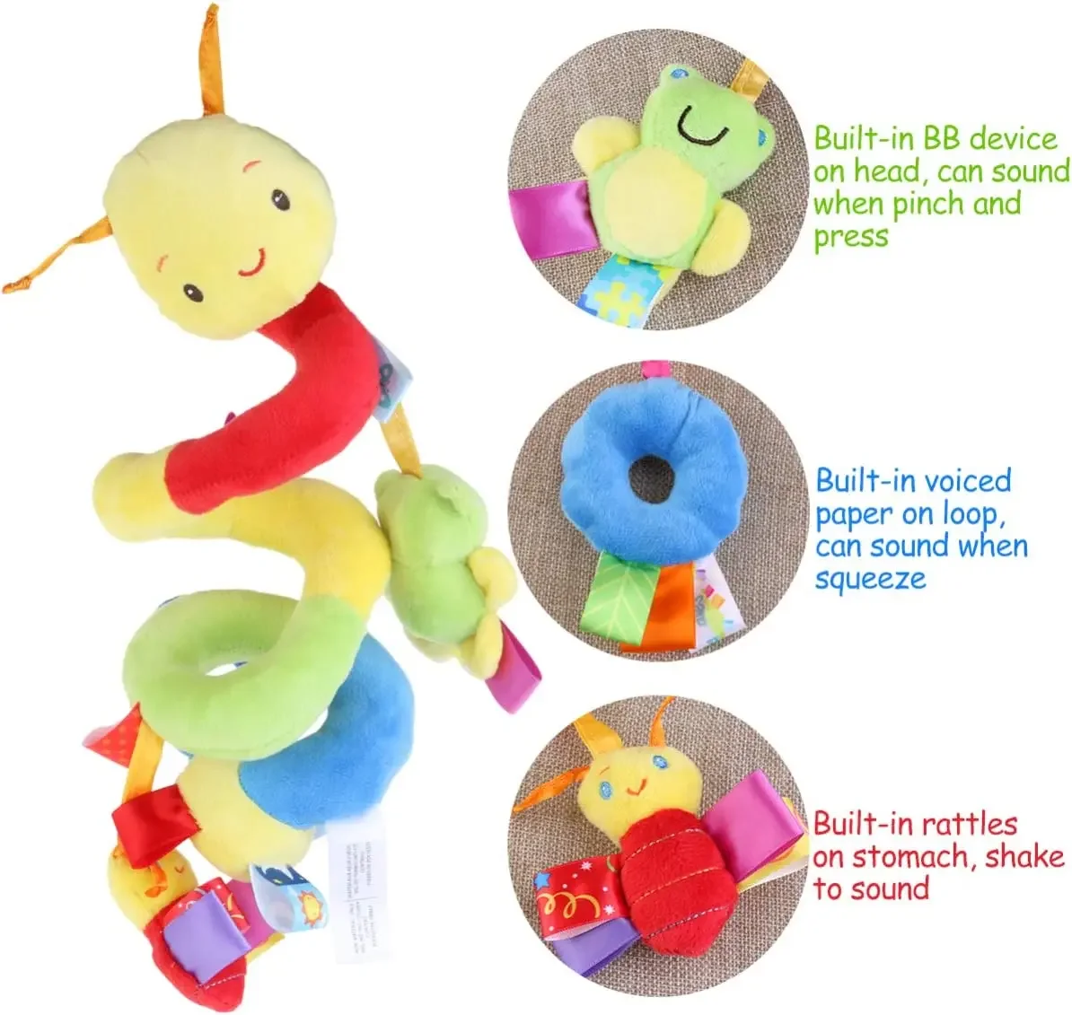 Baby Hanging Car Seat Toys Plush Activity Hanging Stroller Toys with BB Squeaker and Rattles for Newborn Travel Activity Toy