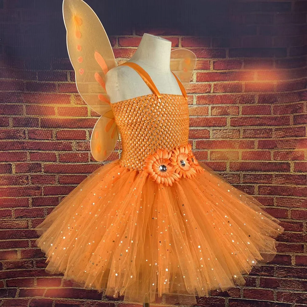 Girls Orange Glitter Tulle Dress Kid Butterfly Fairy Tutu Dresses with Wing Children Halloween Cosplay Costume