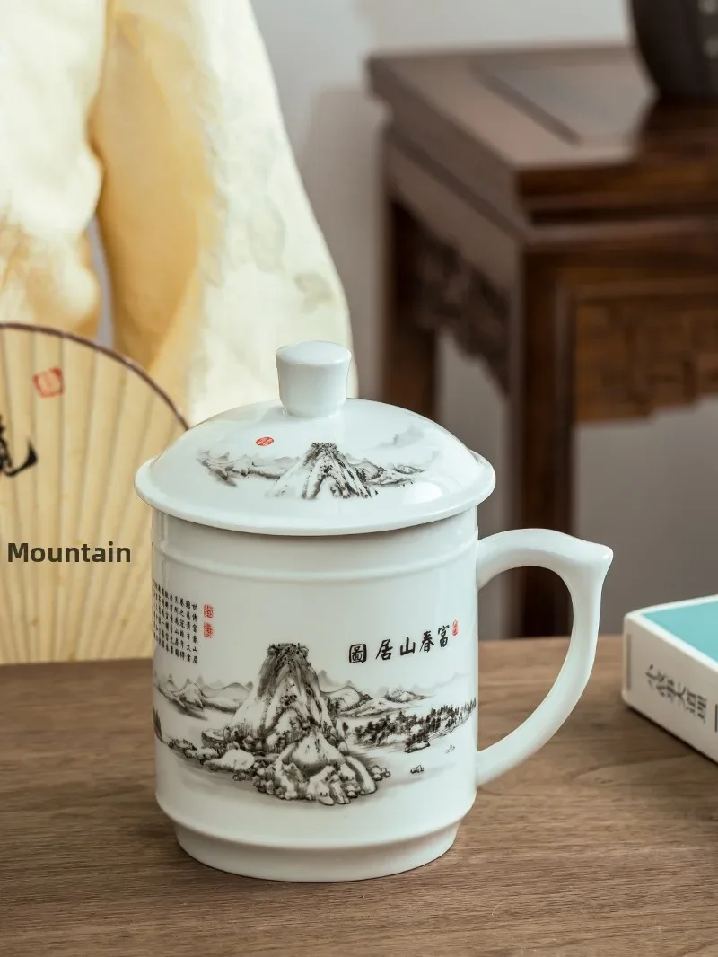 Chinese Retro Ceramic Tea Cup with Lid Large Capacity 1000ml Office Cup Home Use Mountain Watercolor Design Ceramic Mug
