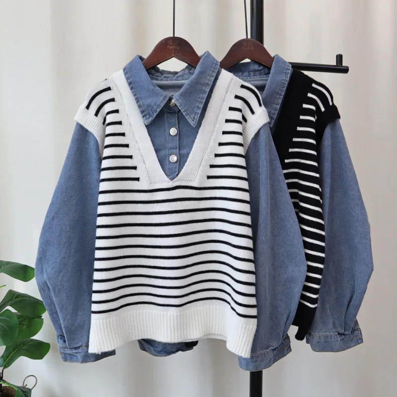 

Denim Striped Pullovers Women Sweaters Knitted Full Sleeve Jumpers Y2k Streetwear Elegant Splice Tops 2025 Autumn Winter Work