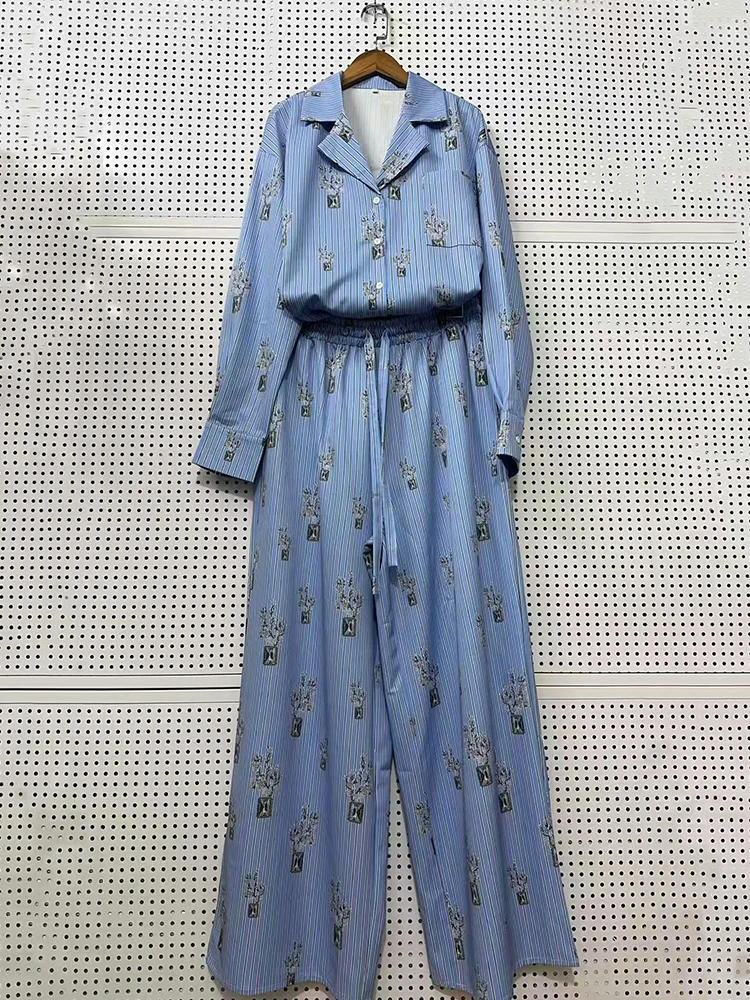 Retro gestreiftes bedrucktes Revers-Langarmhemd Zweiteiler-Set für Damenmode Frühjahr 2026 + lockere weit geschnittene Hose Modisches Set