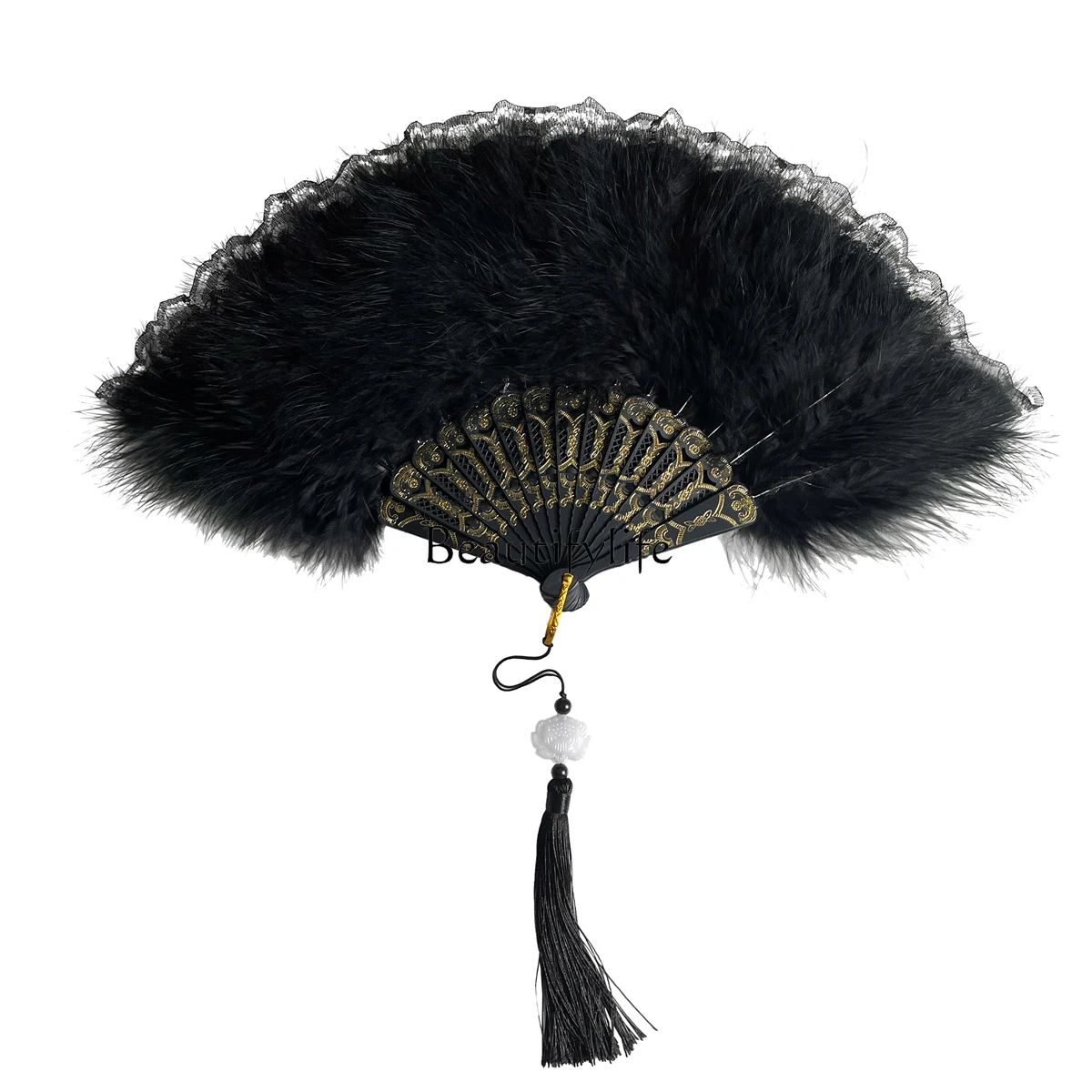 

Hanfu cheongsam fan Chinese style black feathers ancient style folding fan special for new Chinese dance