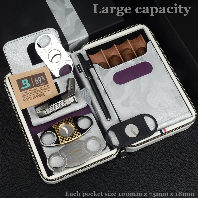 

Travel Cigar Case Leather Cigar Holder Wood Cigar Tray for 4 Cuban Cigars Mini Cigar Box Smoking Accessory 4 Slots 60 Ring Tool