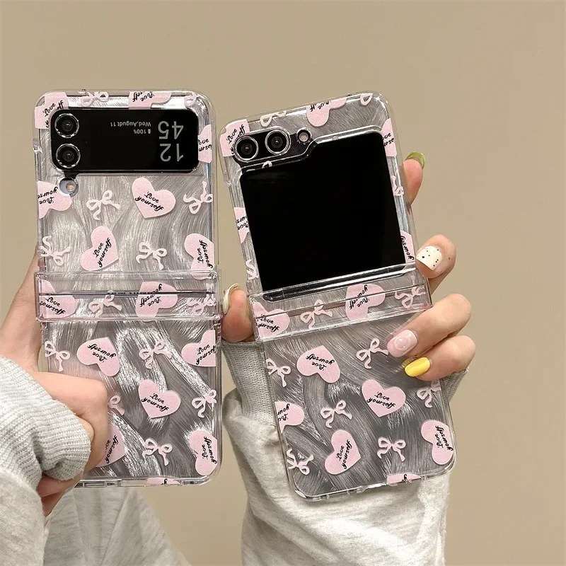 

Pink Heart Bowknot Phone Case for Samsung Galaxy Z Flip 6 5 4 3 Protective Back Cover for ZFlip4 ZFlip5 ZFlip6 Case Shell