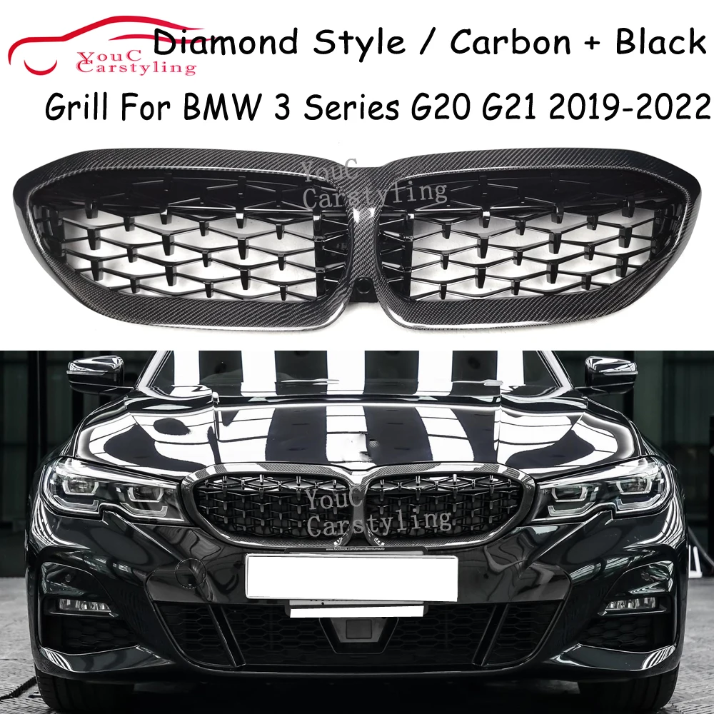 

G20 Diamond Style Carbon Fiber Grille For BMW 3 Series G20 G21 318i 320i 330i M340i Front Bumper Grille Mesh 2019-2022 Black