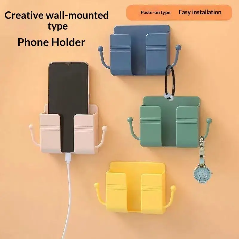 New Adhesive Wall Mounted Storage Holder With Side Hooks Charging Hole Design For Phone Remote Control Storage In Living Room