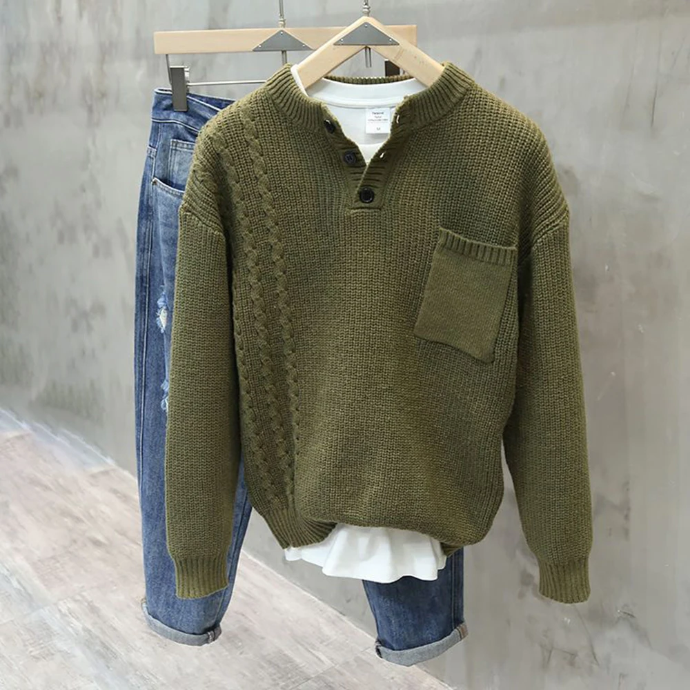 Men's Casual Sweater Fashionable Retro American Style High Street Solid Color Henry Collar Pullover 2024 Spring And Autumn