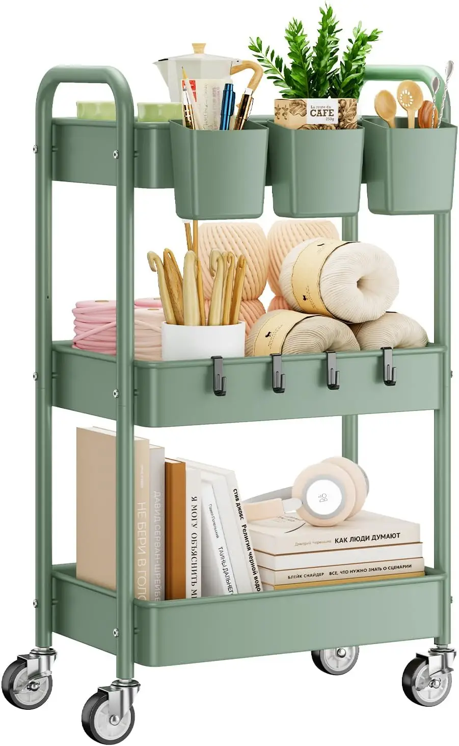 

Трехуровневая тележка на колесиках с блокируемыми колесами, грузоподъемность 66 фунтов, зеленый сетчатый органайзер для кухни и ванной комнаты