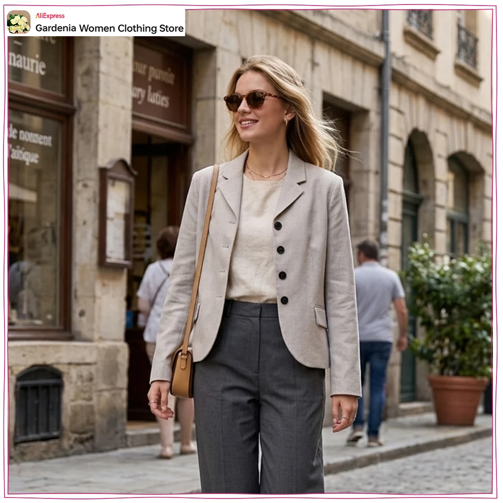 

Fashion Women Straight Cut Linen Blazers with Darts New in Lapel Collar Long Sleeves Blazers with Shoulder Pads and Flap Pockets