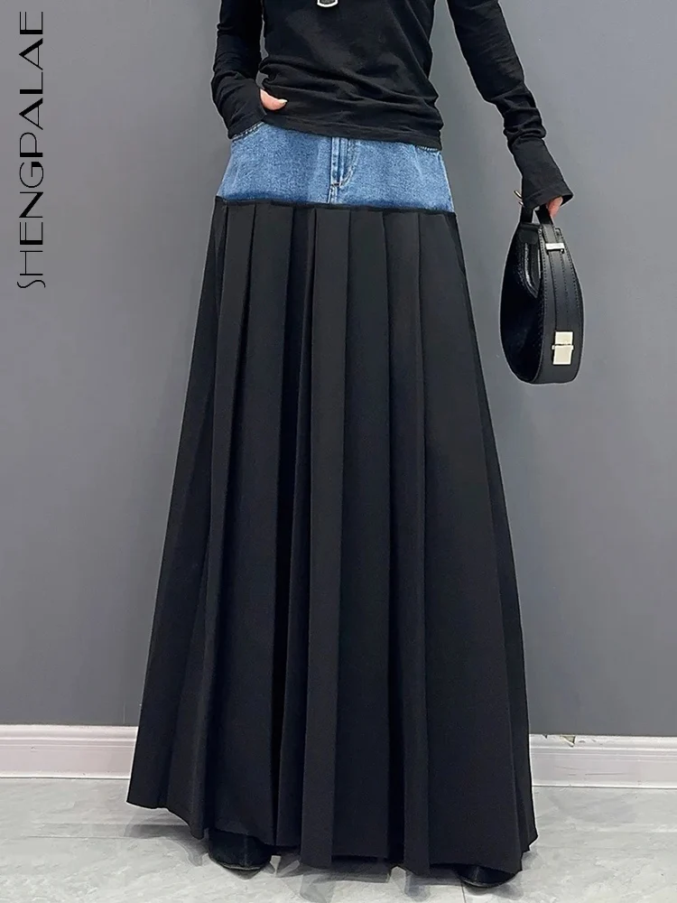 SHENGPALAE Denim Patchwork Pleated Skirt For Women Spring Fashion Versatile Chic A-line Floor Length Skirts 2024 New Tide 5R7680