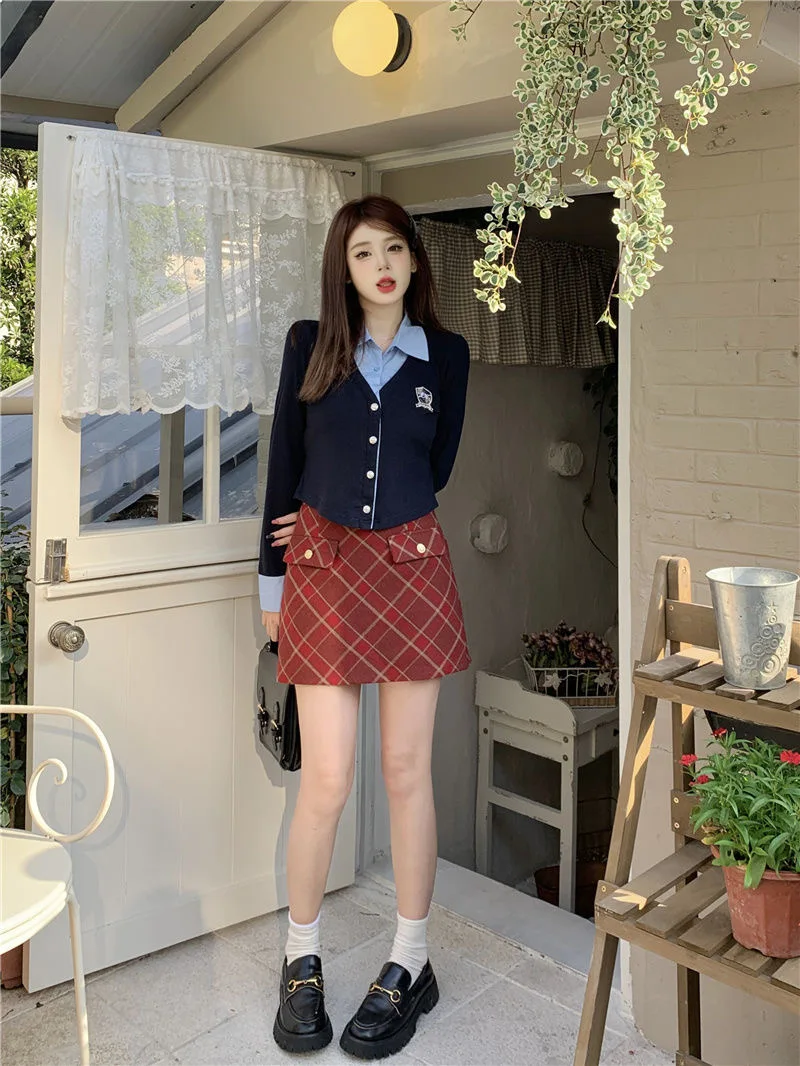 Sping autunno Plus Size XXXXL Academic JK Uniform Set American Spicy Girl coreano a maniche lunghe Navy Top Red Plaid Wrap Hip Skirt