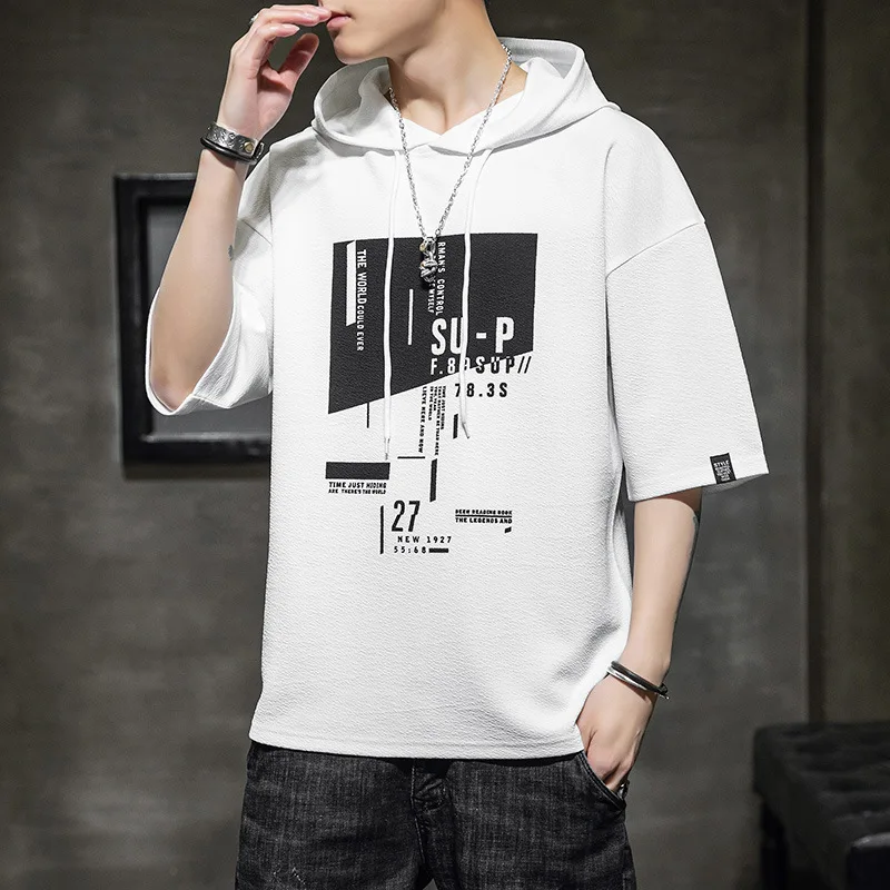 

Trendy Men's f Sve Hooded T-irt Summer Youth Faion Casual Loose Fit Anti-Wrinkle Polyester ort Sve Tee
