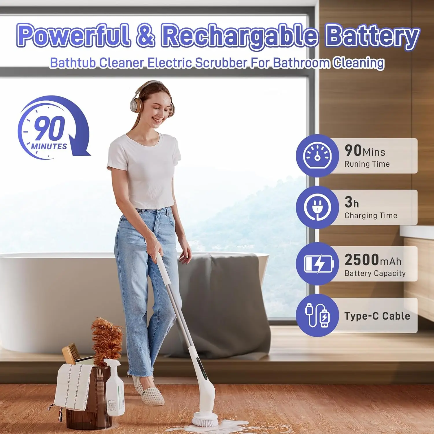 Electric Spin Scrubber - Long Handle Bathroom Cleaner for Tub, Shower, Tile & Grout