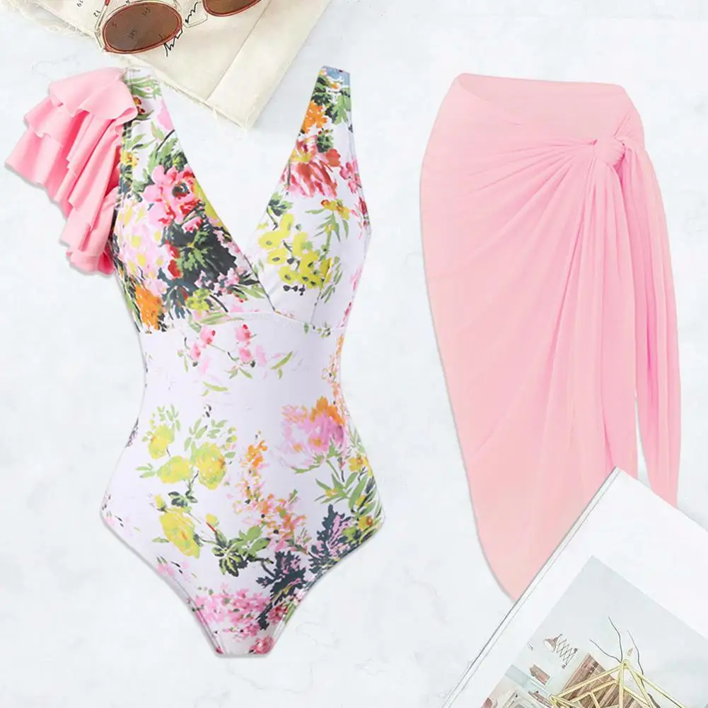 Maillot de bain une pièce à imprimé floral pour femme, ensemble avec jupe en mousseline de soie, col en V, été