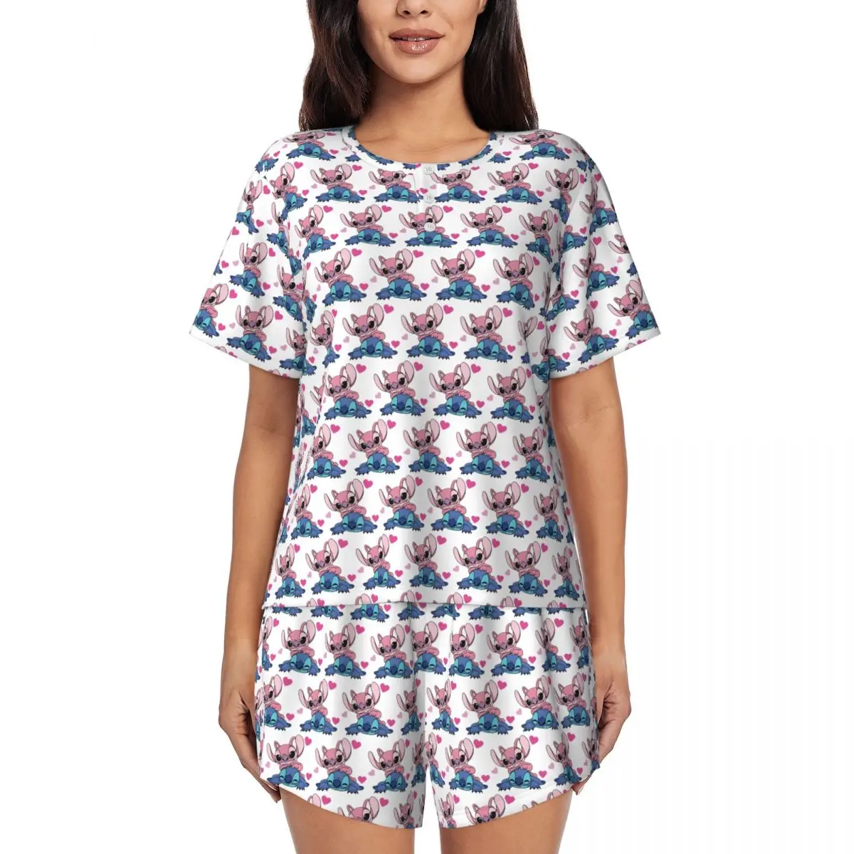 

Women's Stitch TV Cartoon Animation Pajamas Set Custom Printed Two-piece Pj Sets Short Sleeve Sleepwear Loungewear