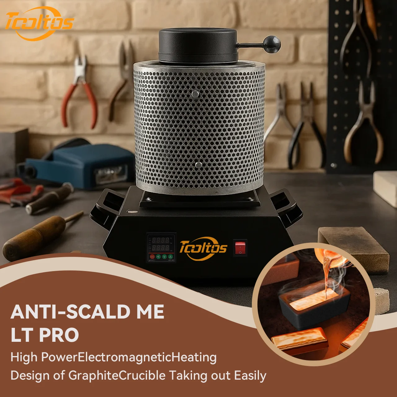 TOOLTOS Jewelry Gold Melting Furnace 1150C 1800W Smelting Machine for 1KG 2KG 3KG Crucibles with 1KG Ceramic Crucible