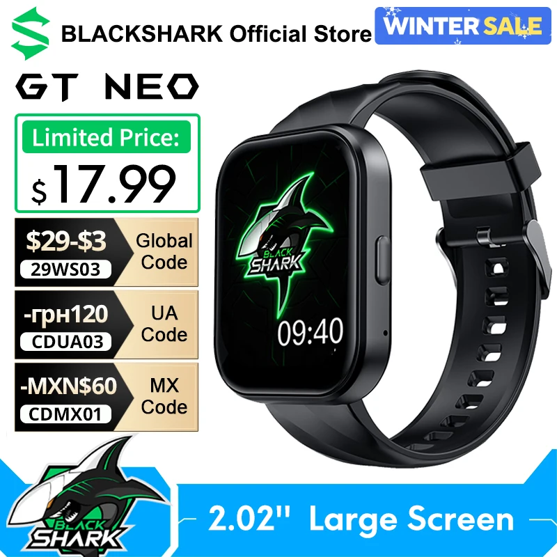 Global Version Black Shark GT Neo Smart Watch 2.02'' Large Display spO2 Monitor IP68 Waterproof Smartwatch 100+ Sport Mode