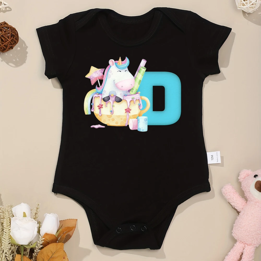 Cute Cartoon Newborn Baby Boy and Girl Clothes Black Cotton Onesie 26 Letter and Unicorn Print Toddler Bodysuit Outdoor Casual