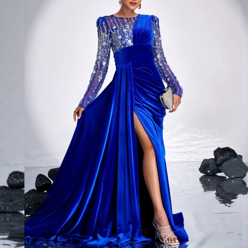 

Customized Luxury Blue Velvet Evening Gown with Sequined Detail Floor Length Chapel Train Elegant Women's Prom Dress