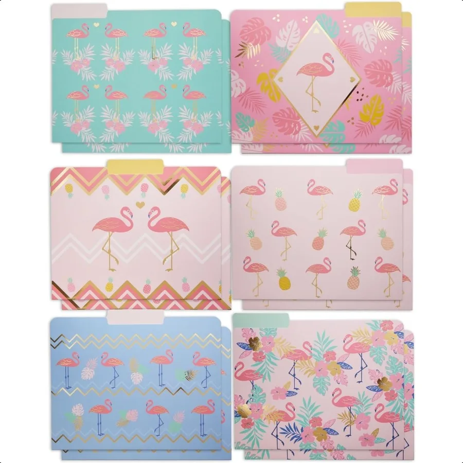 

12 Pack Pink Flamingo Decorative File Folders 1 3 Cut Tab Letter Size Colored with Gold Foil Accents 9.5 x 11.5 in