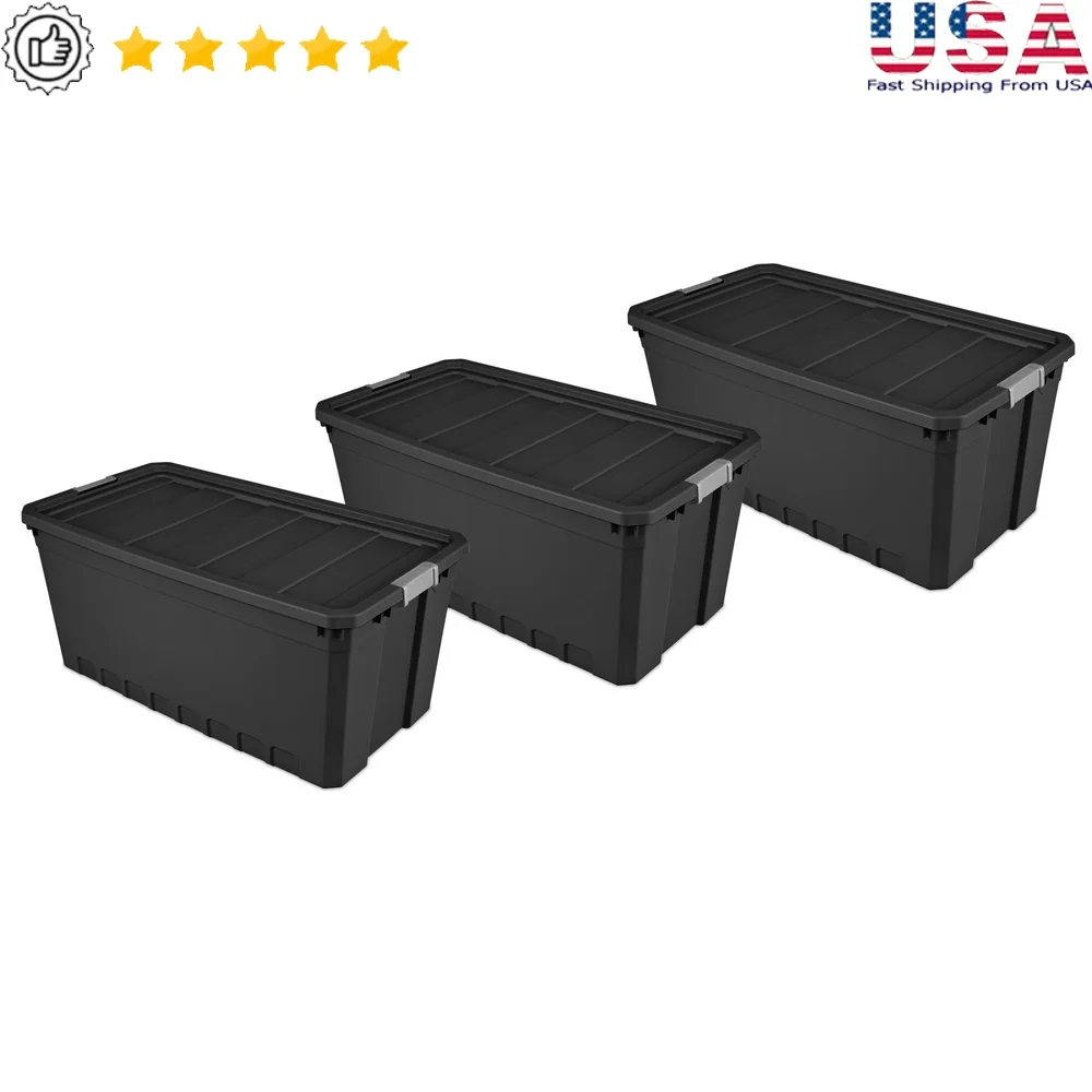

Durable 50 Gallon Stacker Tote Storage Bin with Latch Lid Heavy Duty Plastic Containers Stackable 3 Pack Organizing