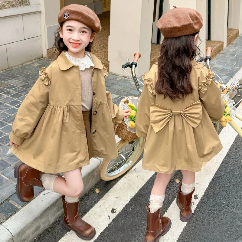 Kids Baby Khaki Autumn Top with Bow on the Back Trench Coat for Girls Casual Overcoat Outfit Toddler Children Solid Jacket 2-9 Y