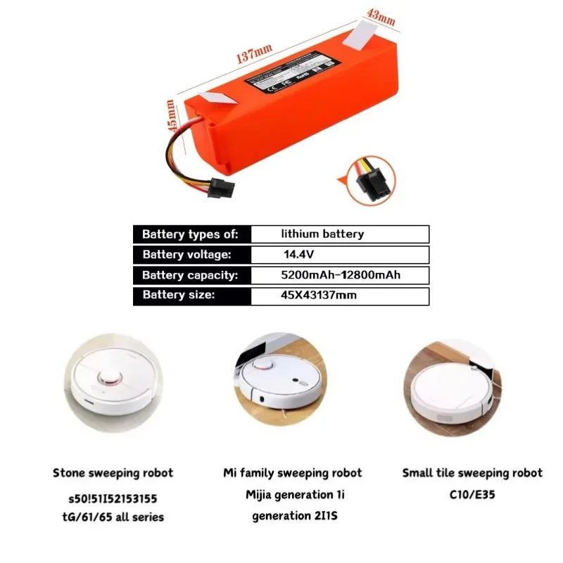 5200mAh-12800mAh BRR-2P4S-5200S Robotic Vacuum Cleaner Replacement Battery For Xiaomi Roborock S55 S60 S65 S50 S51  MAX S6 Parts