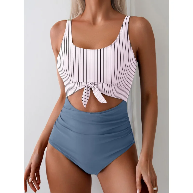 2025New ملابس السباحة قطعة واحدة بلون الجوف خارج عارية الذراعين عالية الخصر المحافظ Tankini ملابس السباحة #5