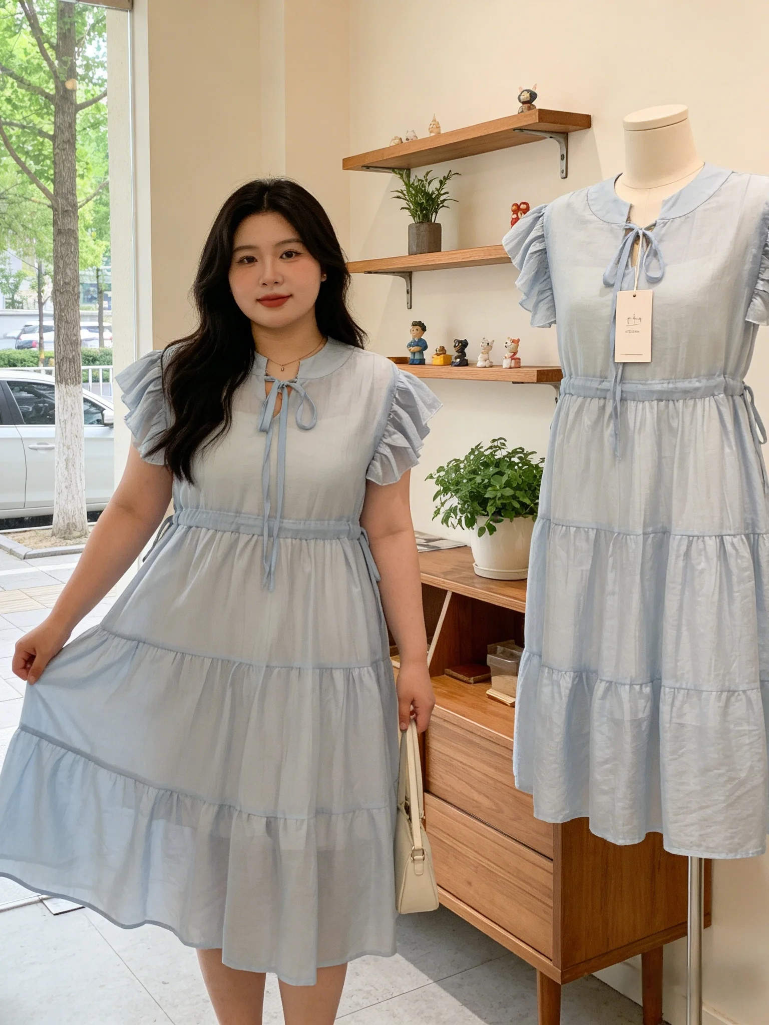 

Summer New plus Size Drawstring Design Dress Women's Loose Slimming Korean Style Midi Skirt Cake Skirt Short Sleeve Casual