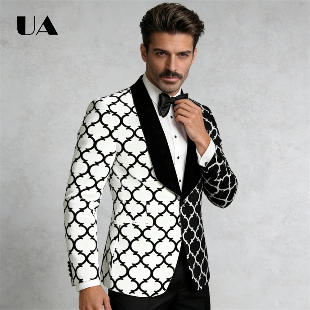 

Мужской черно-белый смокинг с геометрическим принтом, бархатный пиджак с шалевым воротником, однобортный, для официальных мероприятий, свадеб, вечеринок, выпускных, красной дорожки