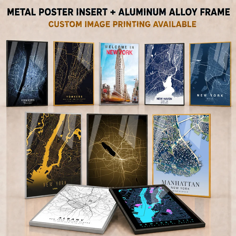 New York Framed Aluminum Metal Poster Customized Refined Geographic Travel Aesthetic Wall Art For Study And Map Collector Gift