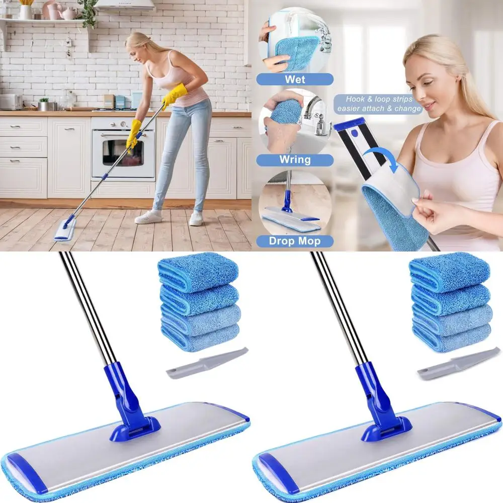 

18 плоских швабр из микрофибры премиум-класса с ручкой из нержавеющей стали, 4 моющиеся подушечки для паркетных деревьев, винила, ламината, плиточных полов