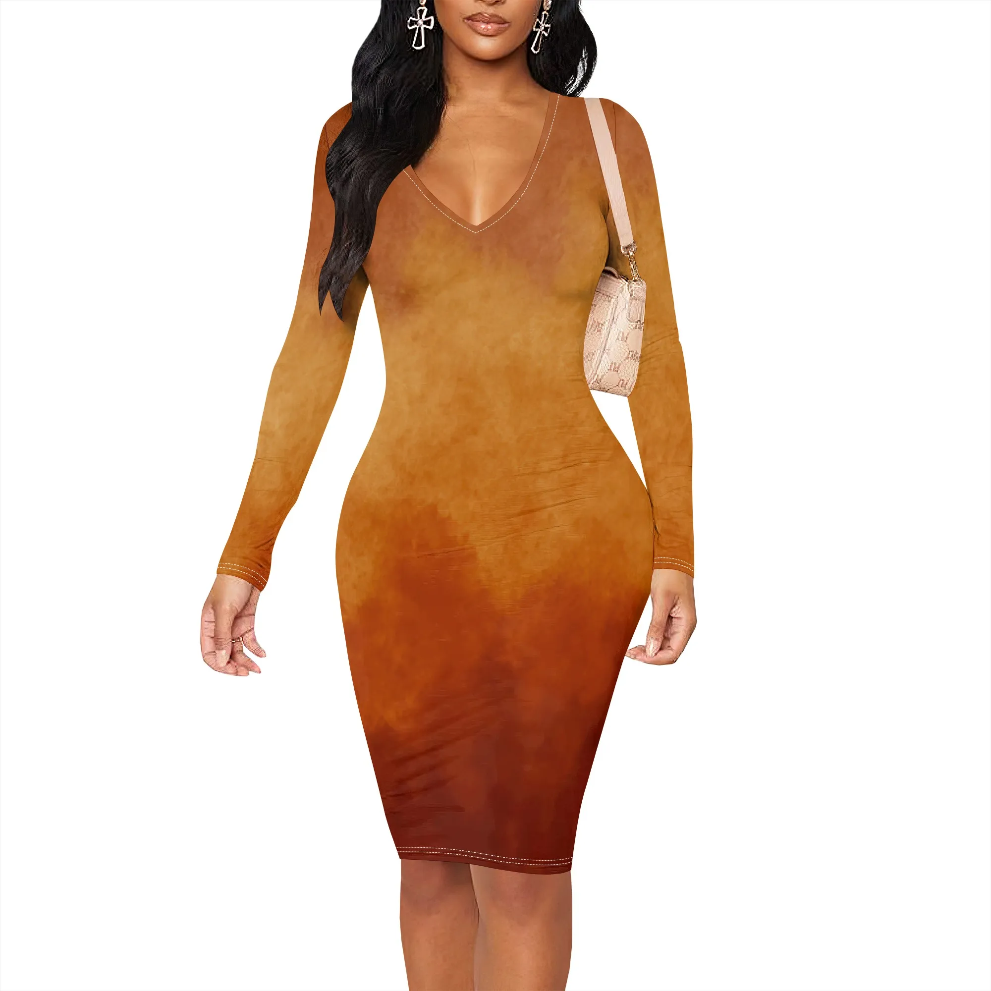 สตรีฤดูใบไม้ร่วงลําลองเซ็กซี่แขนยาวชุดเข้ารูปพื้นฐานดินสอ Midi Club Dresses