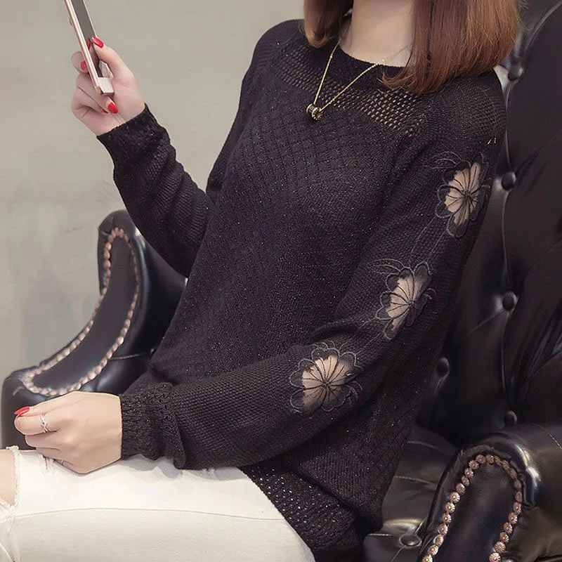 New Autumn Fashion Trend Hollow Lace Loose and Versatile Round Neck Solid Color Fashionable Women\'s Knitted Long Sleeve Sweater