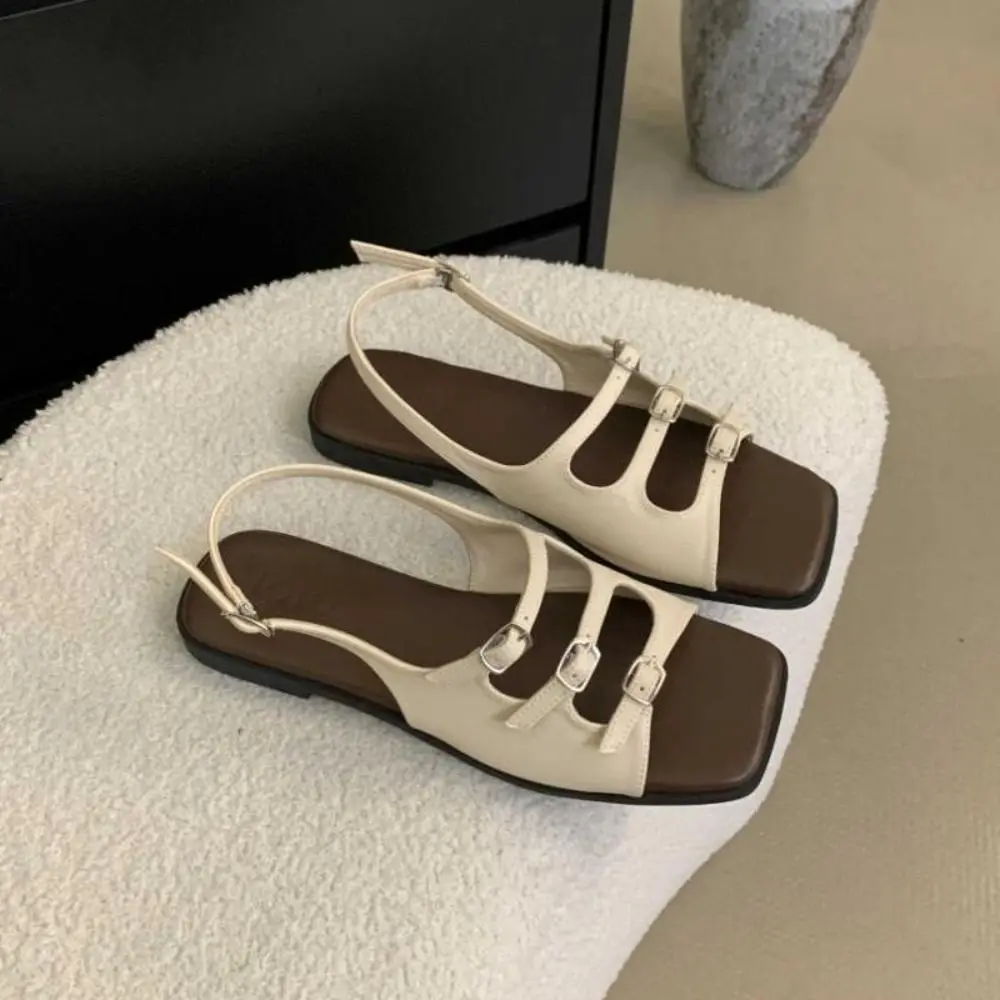 

Fashion Summer Buckle Sandals Elegant French Women Flat Sandals Beach Square Toe Roman Shoes Outdoor